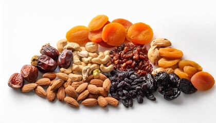 Different Dried Fruits And Nuts On White Background