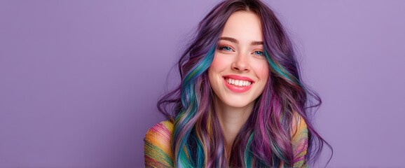 Smiling Young Woman With Rainbow Colored Hair on a Flat Purple Background in a Creative Hair Color Display