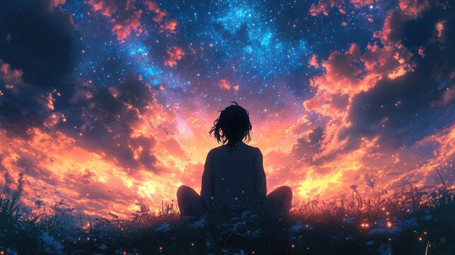 Silhouette under starry sky symbolizes introspection and cosmic connection