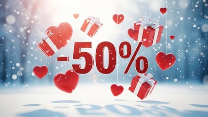 Red text displaying fifty percent discount surrounded by gift boxes and hearts in snowy winter landscape, concept for Valentines Day sale or promotion