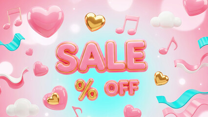 Fototapeta premium Pink 3D lettering sale and percent off sign surrounded by hearts and musical notes. Discount offer for Valentines day advertising.