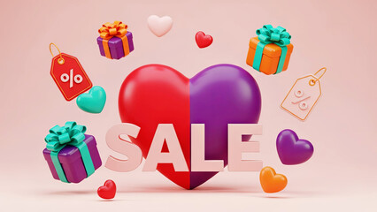 Obraz premium Red and purple divided heart with sale text and gift boxes. Valentine's Day special offer for romantic holiday with discount tag.
