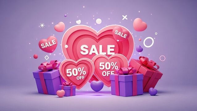 Valentines day sale with 50 percent off discount on hearts and gift boxes. Holiday marketing and promotion for love and romance theme. - Powered by Adobe