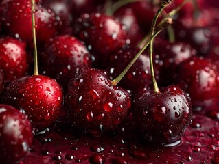 Fresh cherries with droplets on dark background  