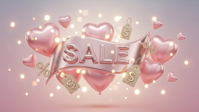 Pink heart balloons and glitter price tags with a sale banner. Valentines Day marketing concept for discount and promotion. Special offer for love. - Powered by Adobe