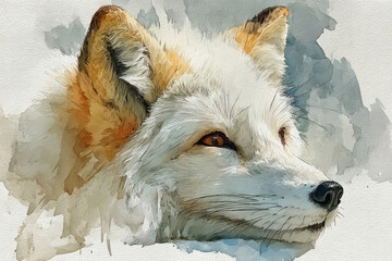 Fototapeta premium A watercolor illustration of a fox portrait, executed in a soft, painterly style with a distinct paper texture. 