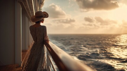 Woman on cruise ship looking at the ocean during sunset