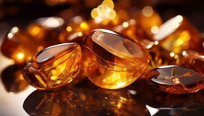 Close Up Of Sparkling Amber Gemstones With Golden Highlights