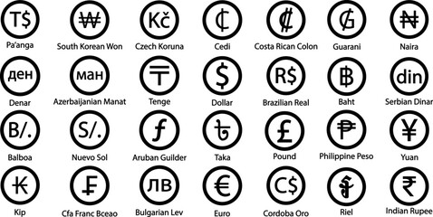 Currency Icon Collection 28 Global Monetary Symbols in Uniform Black Circles for International Finance and Business Presentations