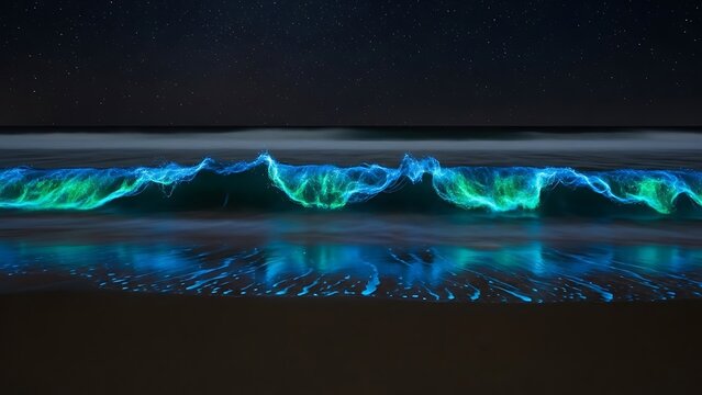 Illuminated waves breaking on a beach under a starry night sky. The ocean glows vibrant neon