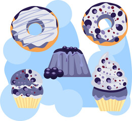 Sweet Dessert Collection Illustration with Donuts Cupcakes and Blueberry Pudding