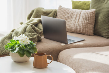 Laptop, Coffee Mug and Flower Pot on Table. Cozy Spring Home Workspace