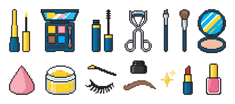 Pixel art collection of makeup and cosmetic icons including lipstick, mascara, eyeshadow, and brushes in a retro 8-bit video game style for beauty and fashion concepts