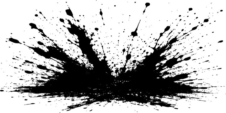 A grunge black ink splat vector illustration featuring a dirty paint splash with spray texture and liquid drip stains on an artistic brush stroke element