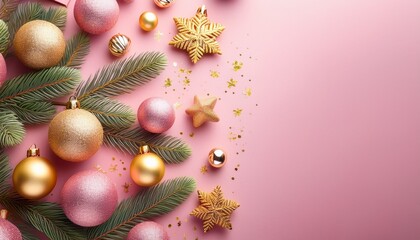 Merry Christmas And New Year Festive Composition Beautiful Pink Christmas Design Fir Branches Shiny Golden Balls Confetti And Baubles Christmas Background