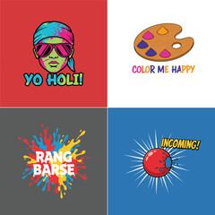 Vibrant Holi festival designs featuring colorful paint splashes, gulal powder, and playful illustrations celebrating the Indian festival of colors.