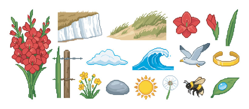 Collection of pixel art nature icons featuring flowers, animals, and landscape elements designed as a colorful set of retro 8-bit video game assets