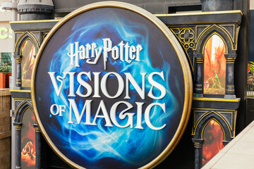 Obraz premium Singapore - January 7, 2026: Visitors gather around an exhibition dedicated to fantasy themes. It features a display named Visions of Magic. The setting is in Singapore's busy area