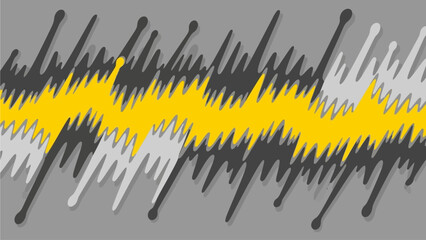 Dynamic sound wave visualization with yellow, black, and white elements on gray background, digital illustration, abstract audio representation