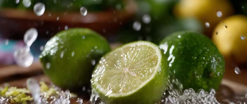 Drenched limes exude freshness as one is sliced in half.