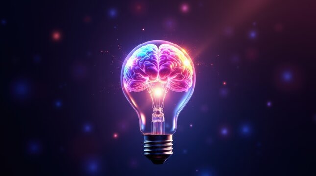 A brain in a lightbulb lighting up with various bursts of ideas as colourful energy
