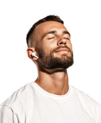 Obraz premium Relaxing moment with wireless earbuds portrait calm environment, isolated on transparent background, png