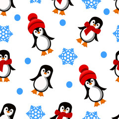 Seamless vector pattern with penguins and snowflakes on a white background. Suitable for fabric, wrapping paper, wallpaper, as a background, and more.
