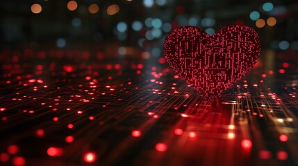 A digital heart made of red pixels on a grid with a dark background and blurred lights