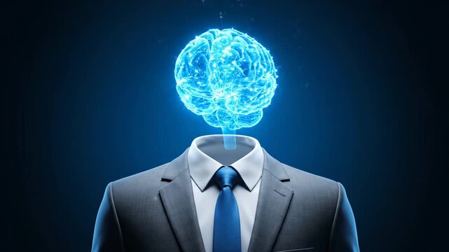 A man in a business suit with a glowing blue brain replacing his head in a dark background video