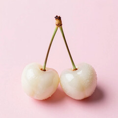 Pair of glossy white cherries with green stems on soft pink background
