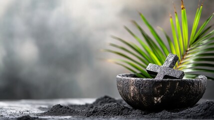 A symbolic representation of Ash Wednesday with a cross made of ash in a bowl surrounded by palm leaves.
