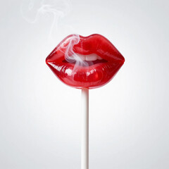 Shiny red lollipop lips exhaling smoke vapor on white stick against plain background