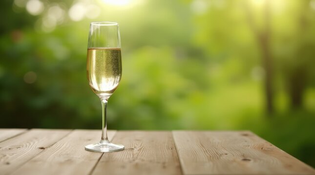 Champagne glass on table view of green nature  
