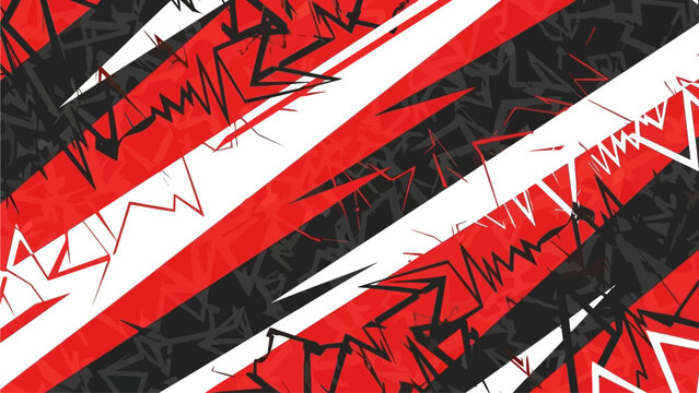 Dynamic abstract art featuring diagonal red and black stripes with layered geometric patterns and sharp jagged shapes