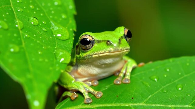 A small green frog sitting on a leaf with water droplets in a natural outdoor setting
