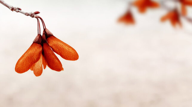 Group of orange brown samara seeds hanging from a slender branch against a soft, light background, highlighting unique form