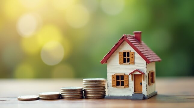 Home Loan and mortgage loan, Building Your Dream Home with Financial Planning and Real Estate Investment - A Guide to the Home Buying Process with Miniature tiny House and Coins money