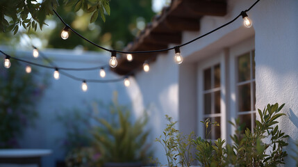 An outdoor patio presents a durable wall mount holding string lights, enhancing the ambiance for evening gatherings and creating a cozy atmosphere with a touch of elegance and charm. cinematic