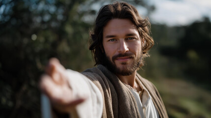Jesus Christ reaching out in a sacred moment, gentle movement and serene face conveying mercy, guidance, faith, and religious inspiration. cinematic color correction, natural uneven lighting yet