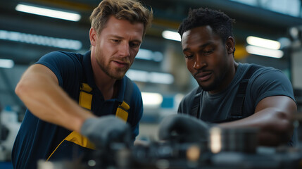Workshop scene with safety measures in place while a drilling operation runs on an industrial machine, emphasizing skilled labor and mechanical precision. cinematic color correction, natural uneven