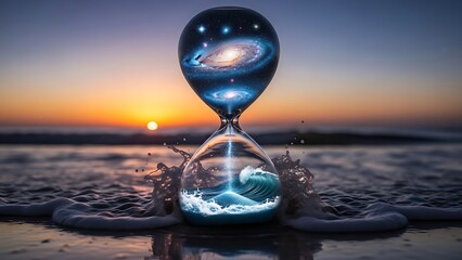 Surreal depiction of time, space, and the ocean, encapsulated in a cosmic hourglass