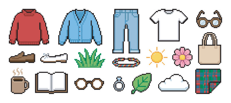 Set of pixel art icons representing cozy lifestyle and fashion items, including a sweater, jeans, book, glasses, and coffee mug in a colorful retro 8-bit video game style