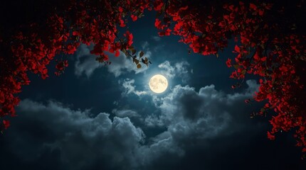 Serene Night Sky with Bright Full Moon and Red Foliage