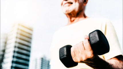 Obraz premium Senior man lifting a dumbbell, doing an outdoor workout. Concept of active retirement and strength training for seniors