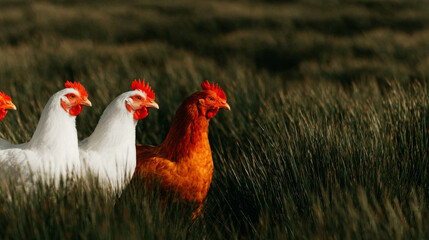 Fototapeta premium Chickens with white and brown feathers standing in a green field of long grass. Representing natural environment and sustainable farming