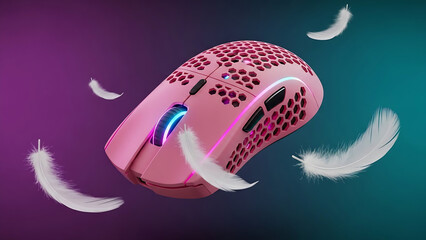 Pink Honeycomb Gaming Mouse Isolated on Vibrant Gradient Background with Floating Feathers