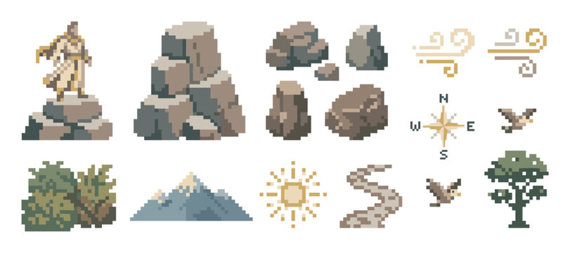 Set of pixel art game icons for a fantasy adventure, featuring a statue, mountain, rocks, tree, compass, and wind symbols for a retro RPG user interface or map design
