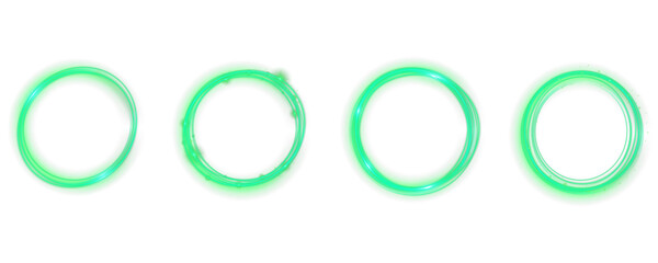 Neon green glowing circle frame isolated on transparent PNG background with bright luminous halo and smooth radiant edges ideal for futuristic sci-fi interfaces, digital design elements and abstract 