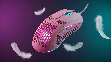 Ultra-Lightweight Pink Gaming Mouse with RGB Lighting and Honeycomb Shell Floating with Feathers