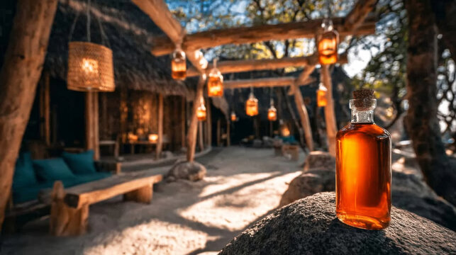 Bottle of natural health elixir on rock in rustic tropical wellness resort environment, promoting holistic retreat and relaxation